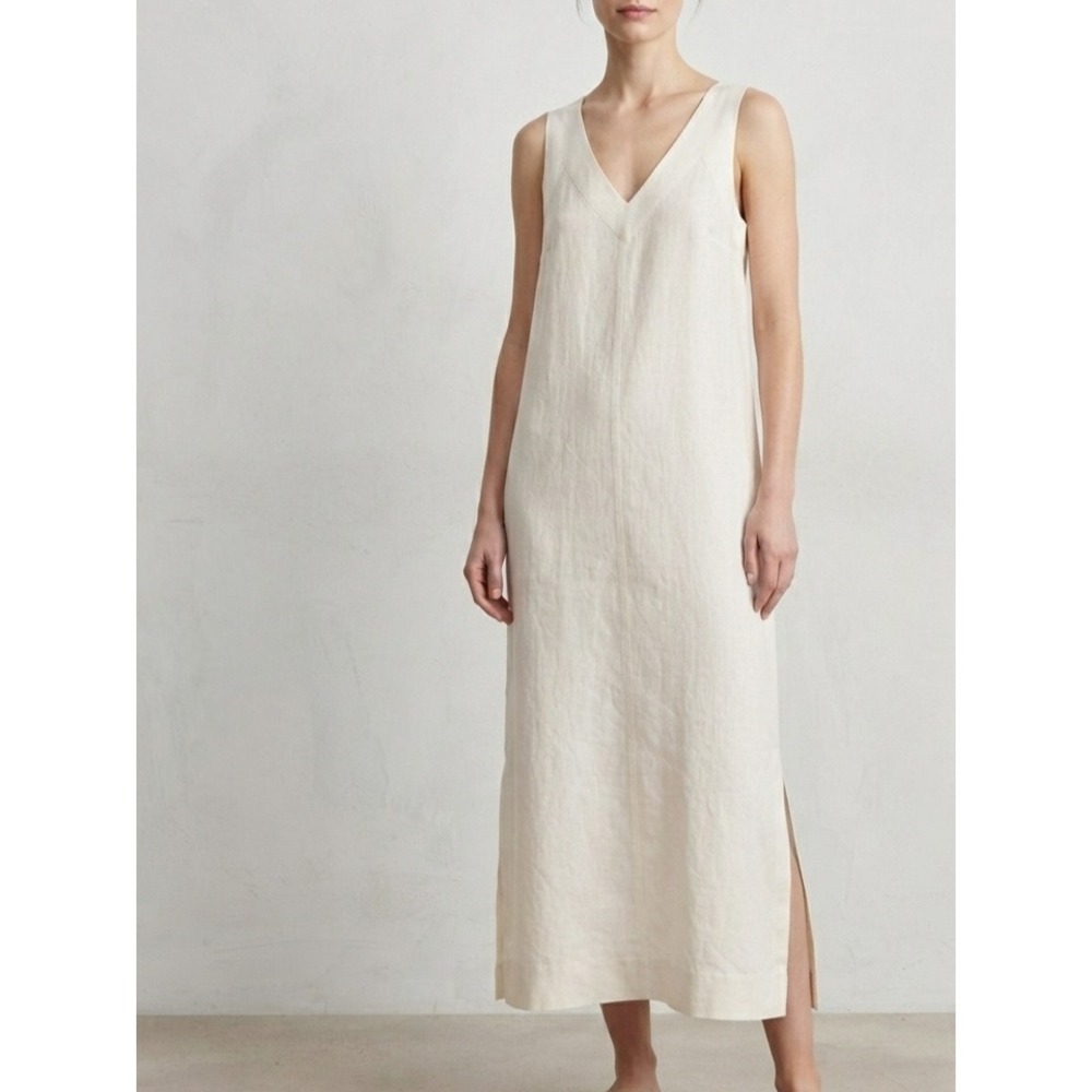 DKNY Linen Blend V-Neck Sleeveless Side Slit Maxi Dress White Medium
